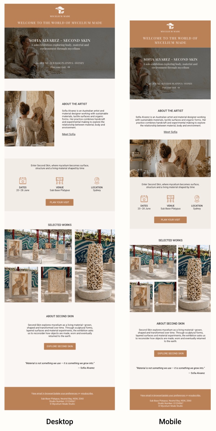 Exhibition EDM desktop and mobile designs