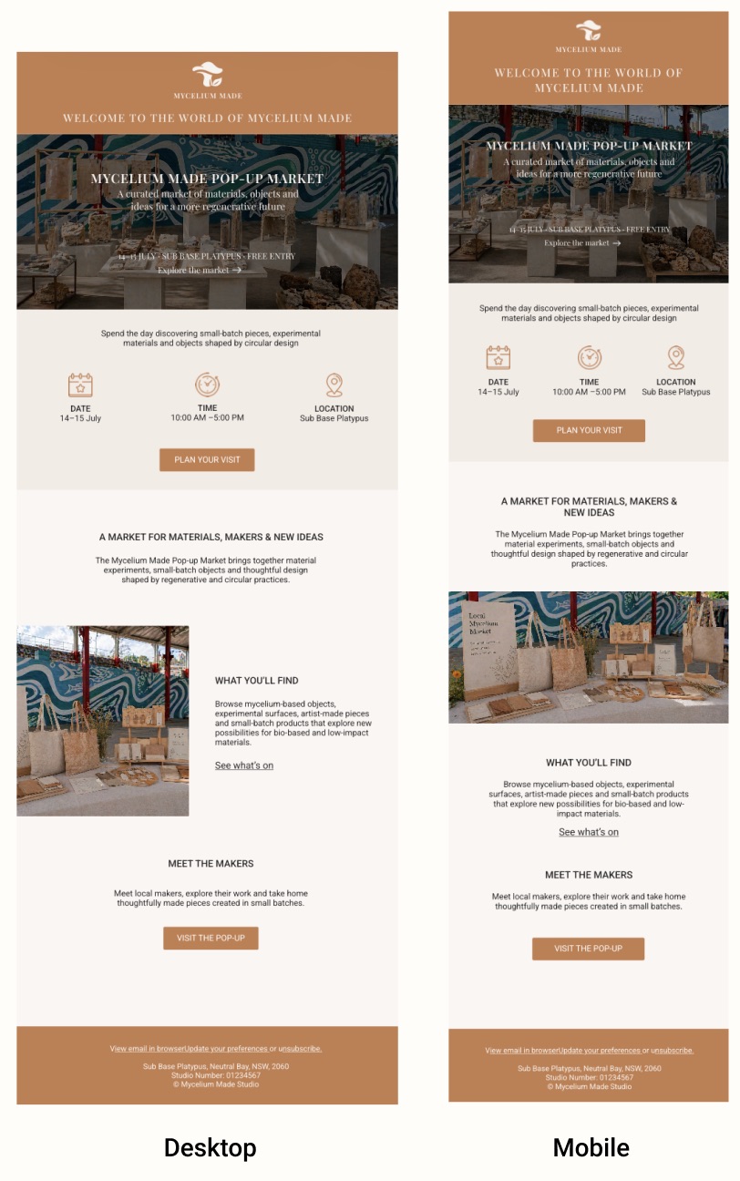 Pop-up Market EDM desktop and mobile designs