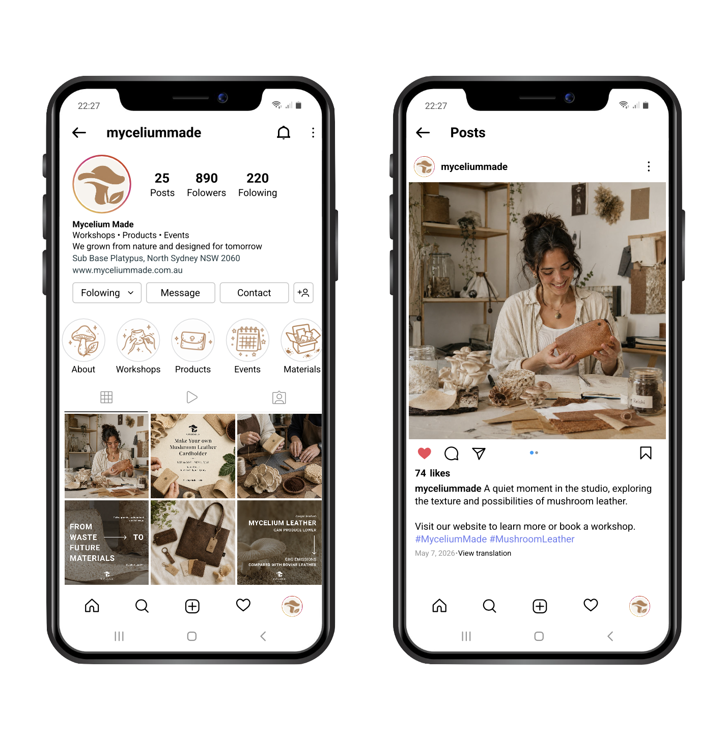 Mycelium Made social media mobile mockups